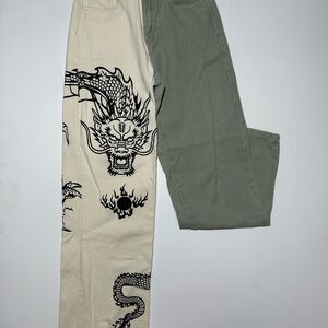 Dragon Print Two-Tone Split Leg Denim Jeans Streetwear Size Small